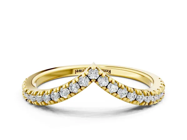 Pavé Round Diamond V-Shaped Chevron Band with Shared Prong Setting Yellow gold