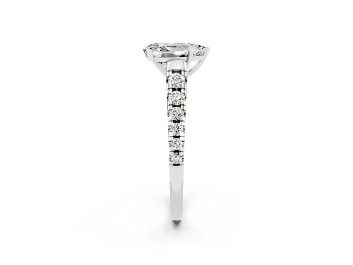 Pear Cut Moissanite Cathedral Solitaire Ring with Round Pavé Band Platinum