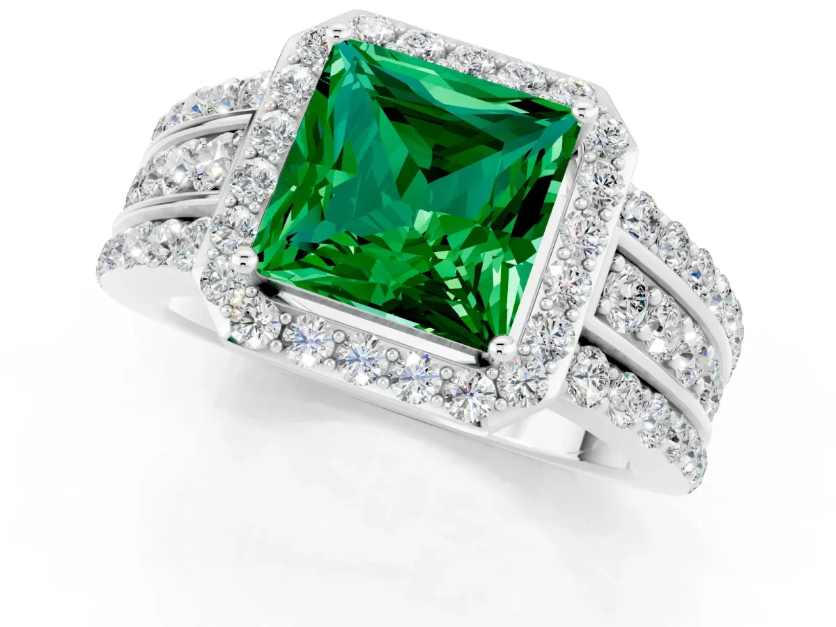 Princess Cut Halo Emerald Ring with Round Split Shank and Prong Setting Platinum