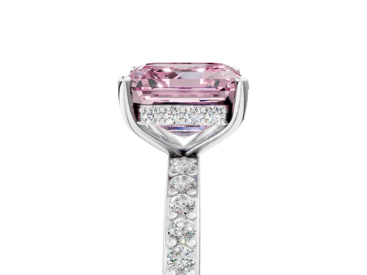 Fancy Pink Asscher Cut Cut Diamond Pavé Band Ring with Four-Prong Setting Platinum