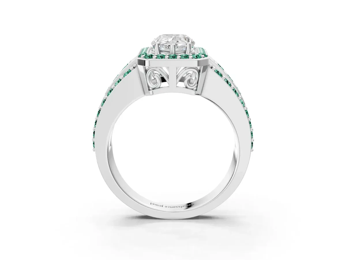 Pear Cut Halo Diamond Ring with Round Green Sapphire Split Shank and Prong Setting Silver