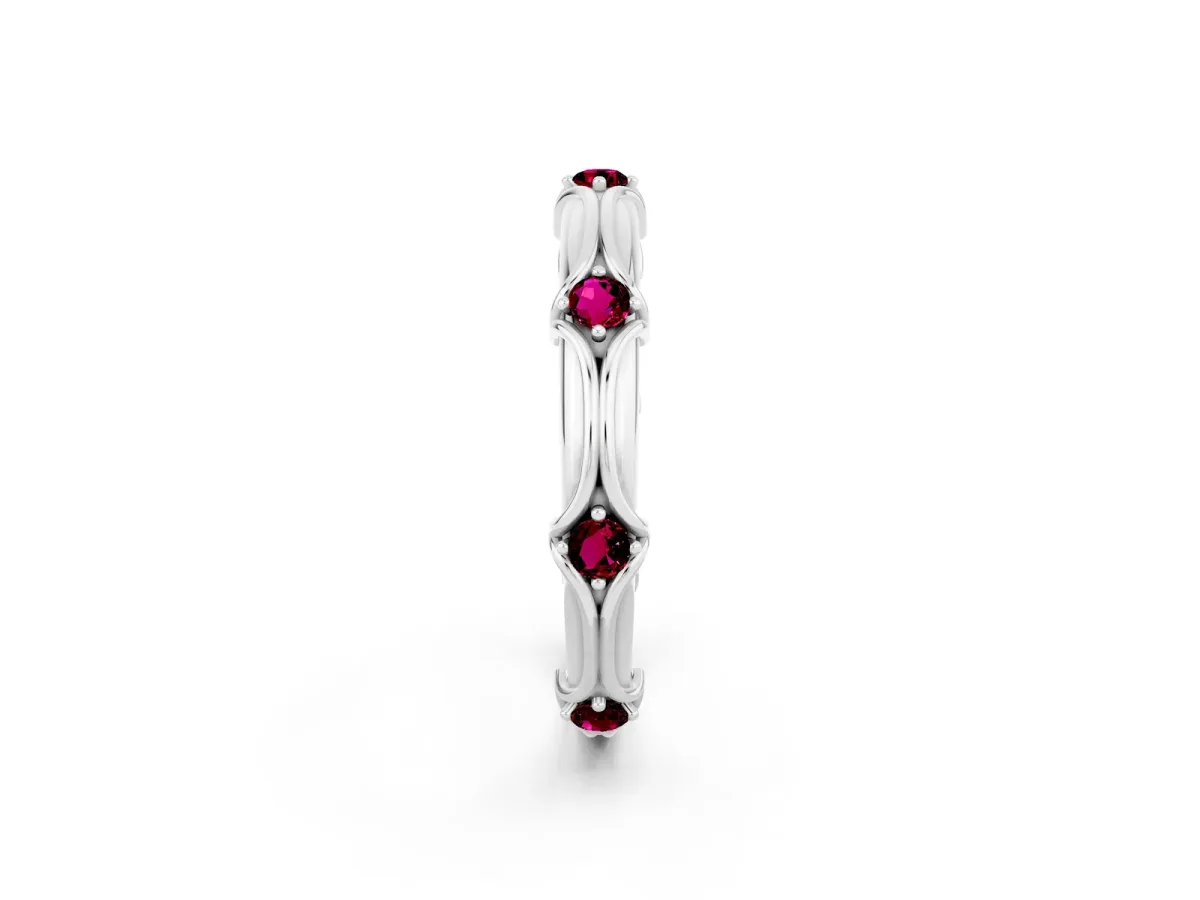 Round Garnet Prong Set Milgrain Eternity Band Silver