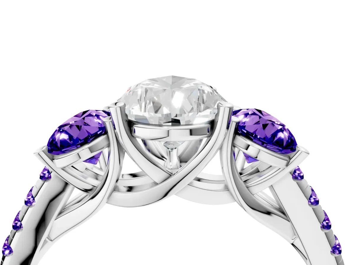 Three-Stone Pear Cut Diamond Ring with Round Tanzanite Pavé Band and Prong Setting Silver