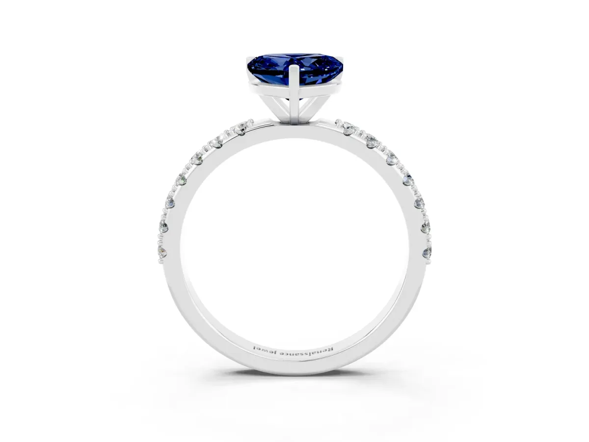 Heart Cut Blue Sapphire Solitaire Pavé Band with Four-Prong Setting Silver