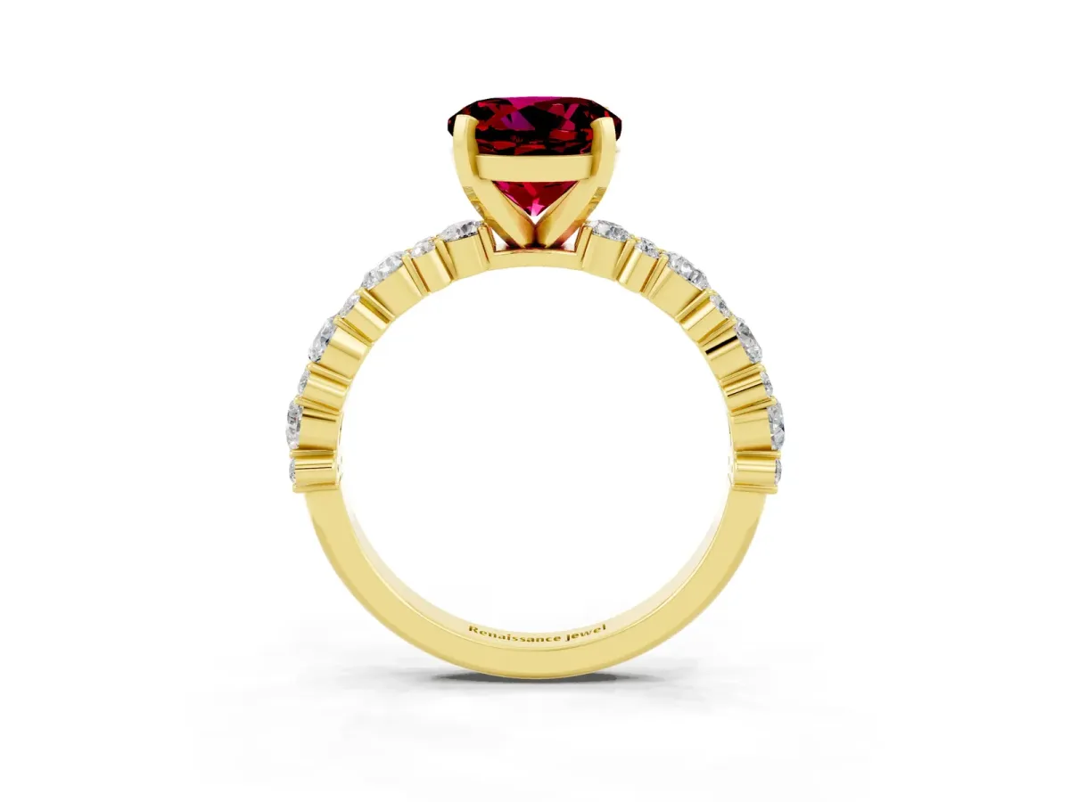 Round Cut Garnet Side Stone Solitaire Ring with Round and Four-Prong Setting Yellow gold