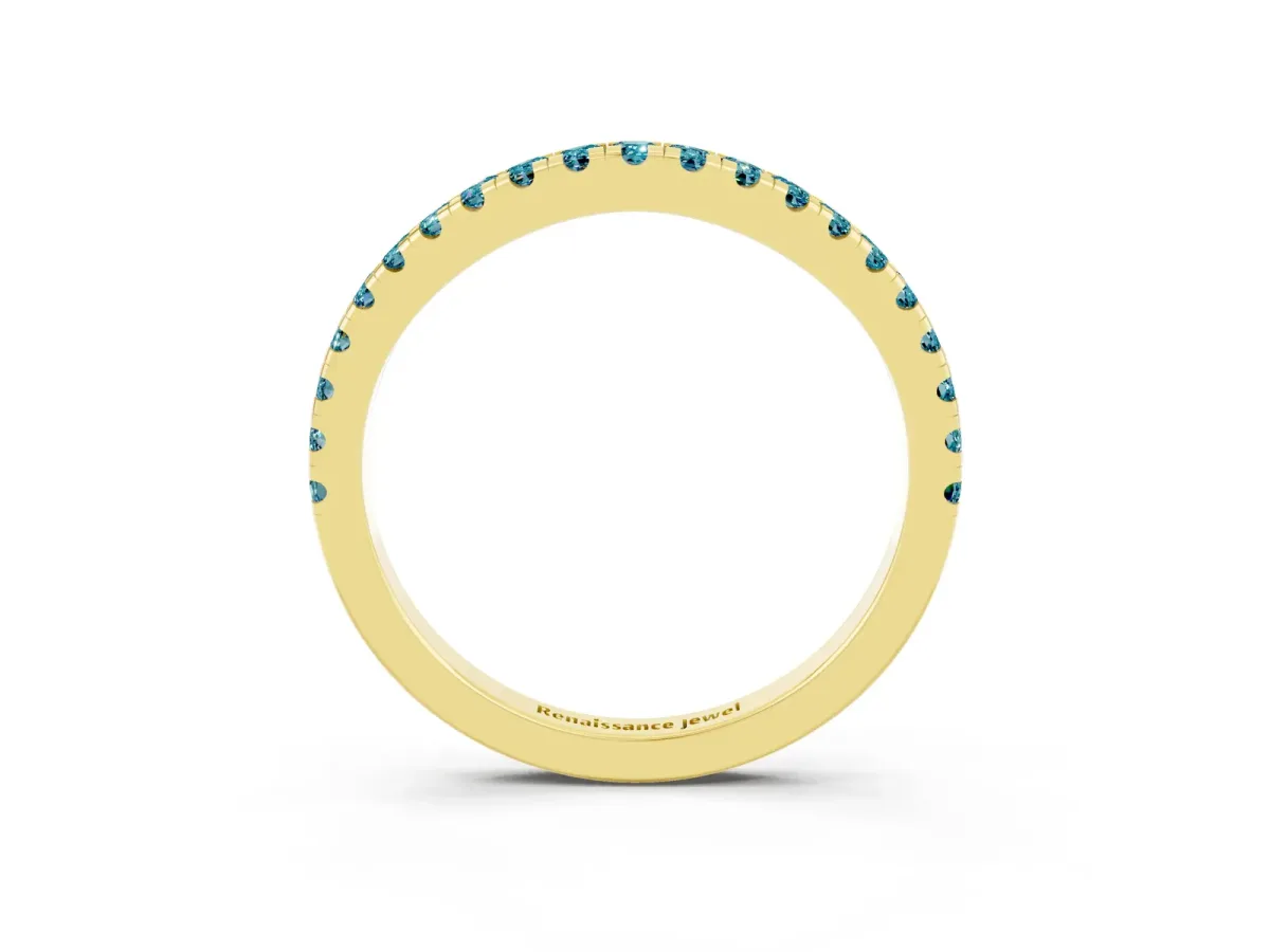 Round Blue Topaz Pavé Half Eternity Band with Shared Prong Setting Yellow gold