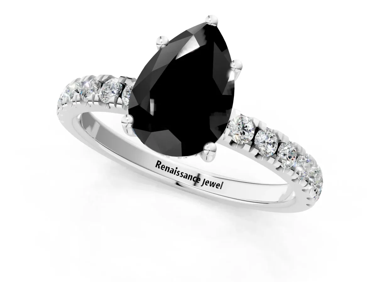 Fancy Black Pear Cut Diamond Pave Band Solitaire Ring with Round and Prong Setting Silver