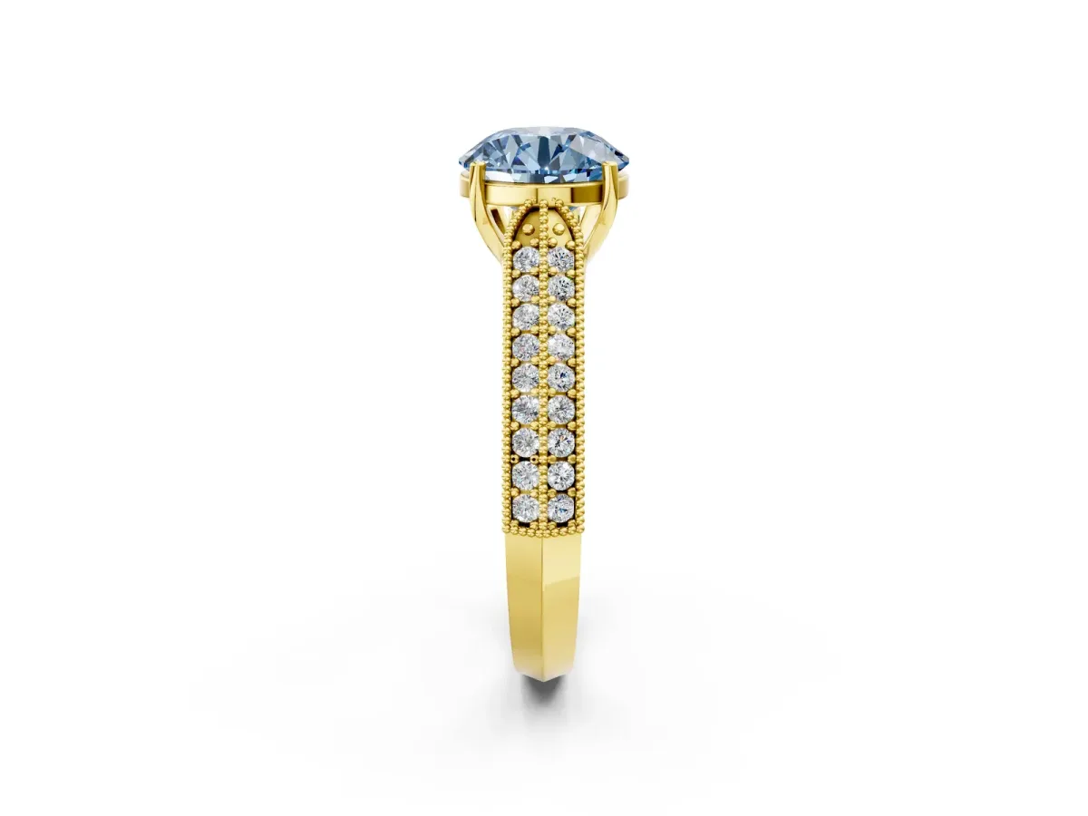 Fancy Blue Round Cut Cut Pave Split Shank Engagement Ring with Four-Prong Setting Yellow gold