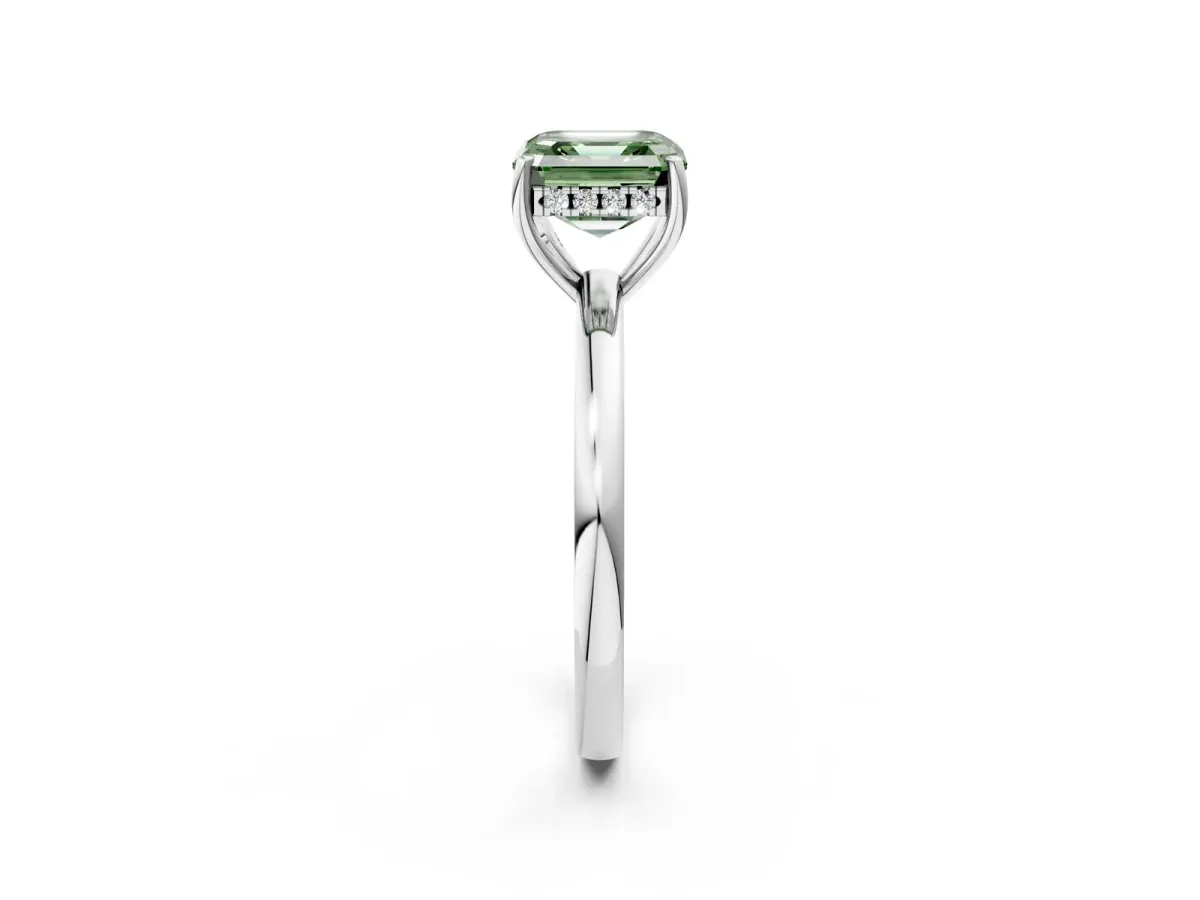 Fancy Green Asscher Cut Solitaire Diamond Ring with Prong Setting and Plain Band Silver