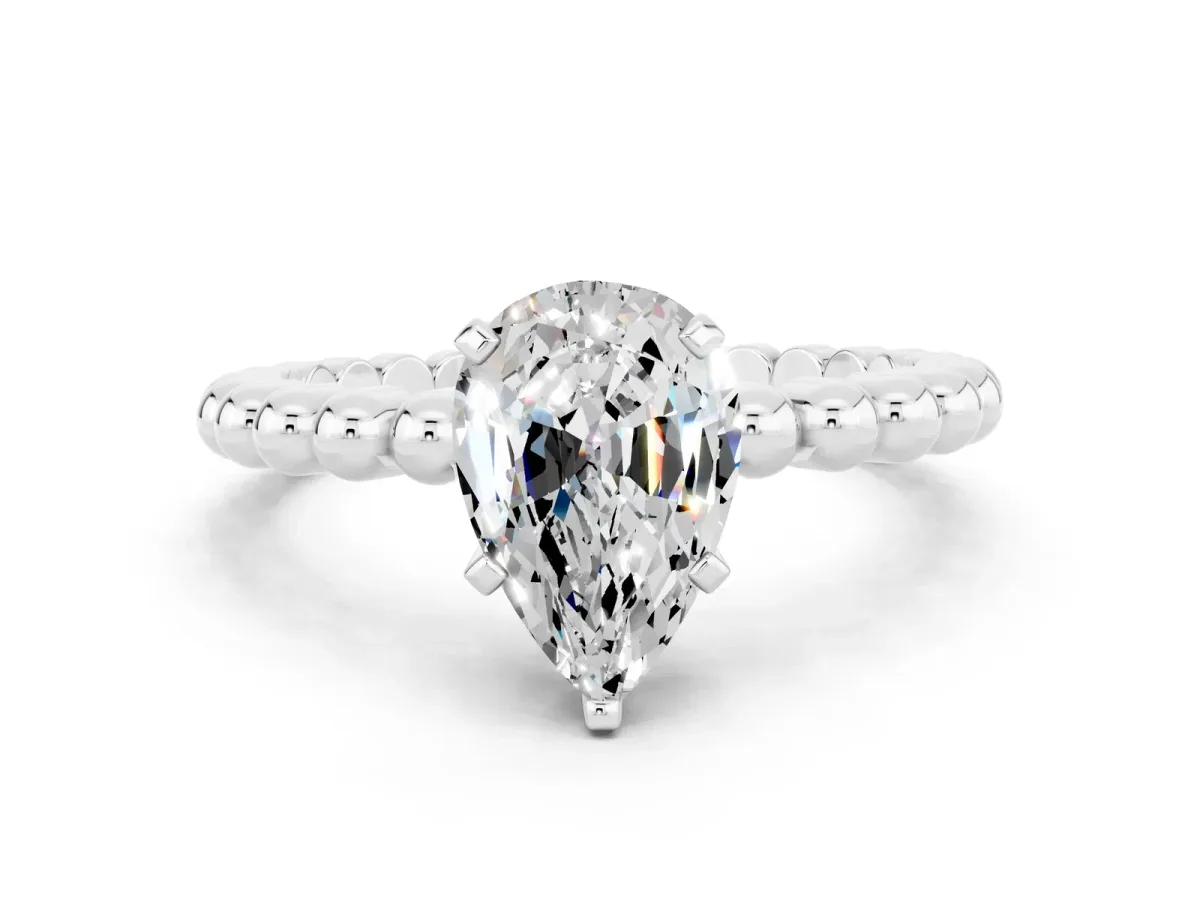 Pear Cut Moissanite Solitaire Ring with Beaded Band and Prong Setting Platinum