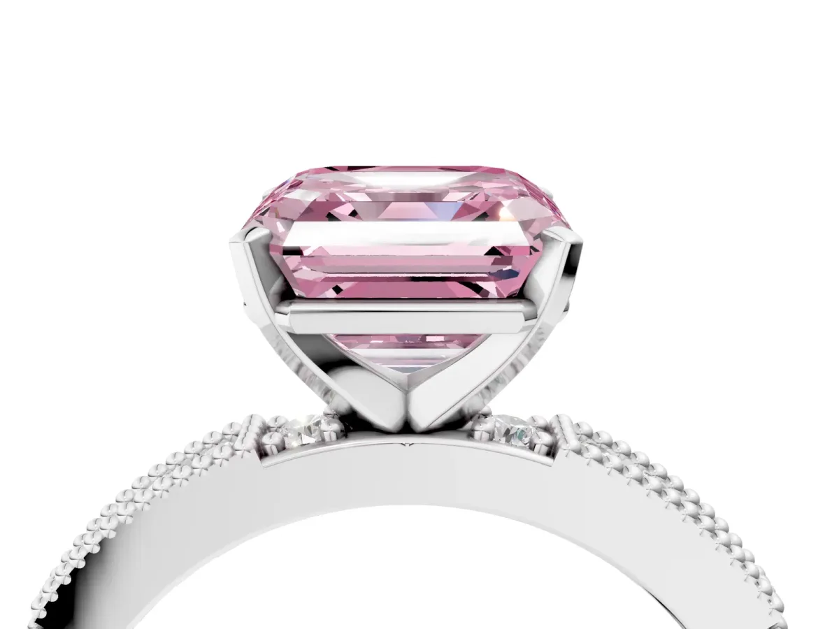 Fancy Pink Asscher Cut Solitaire with Pavé Band and Four-Prong Setting Silver