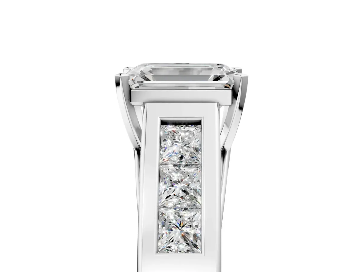 Emerald Cut Cut Channel Set Solitaire Ring with Four-Prong Setting White gold