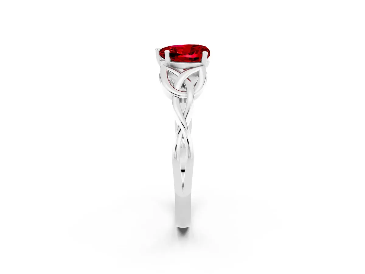 Heart Cut Ruby Solitaire Engagement Ring with Celtic Knot Band and Four-Prong Setting Silver
