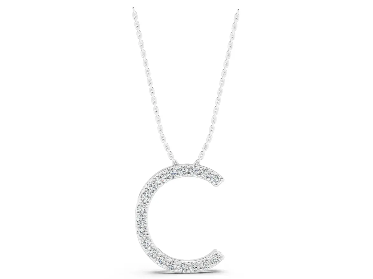 Round Diamond Pavé C Pendant Necklace Silver