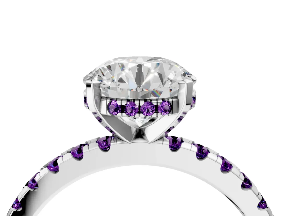 Round Cut Diamond Solitaire Ring with Round Amethyst Pavé Band and Four-Prong Setting Silver