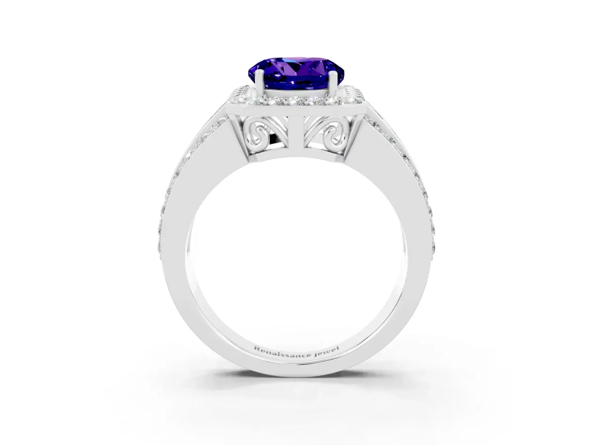 Round Cut Halo Tanzanite Ring with Round Split Shank and Prong Setting Platinum