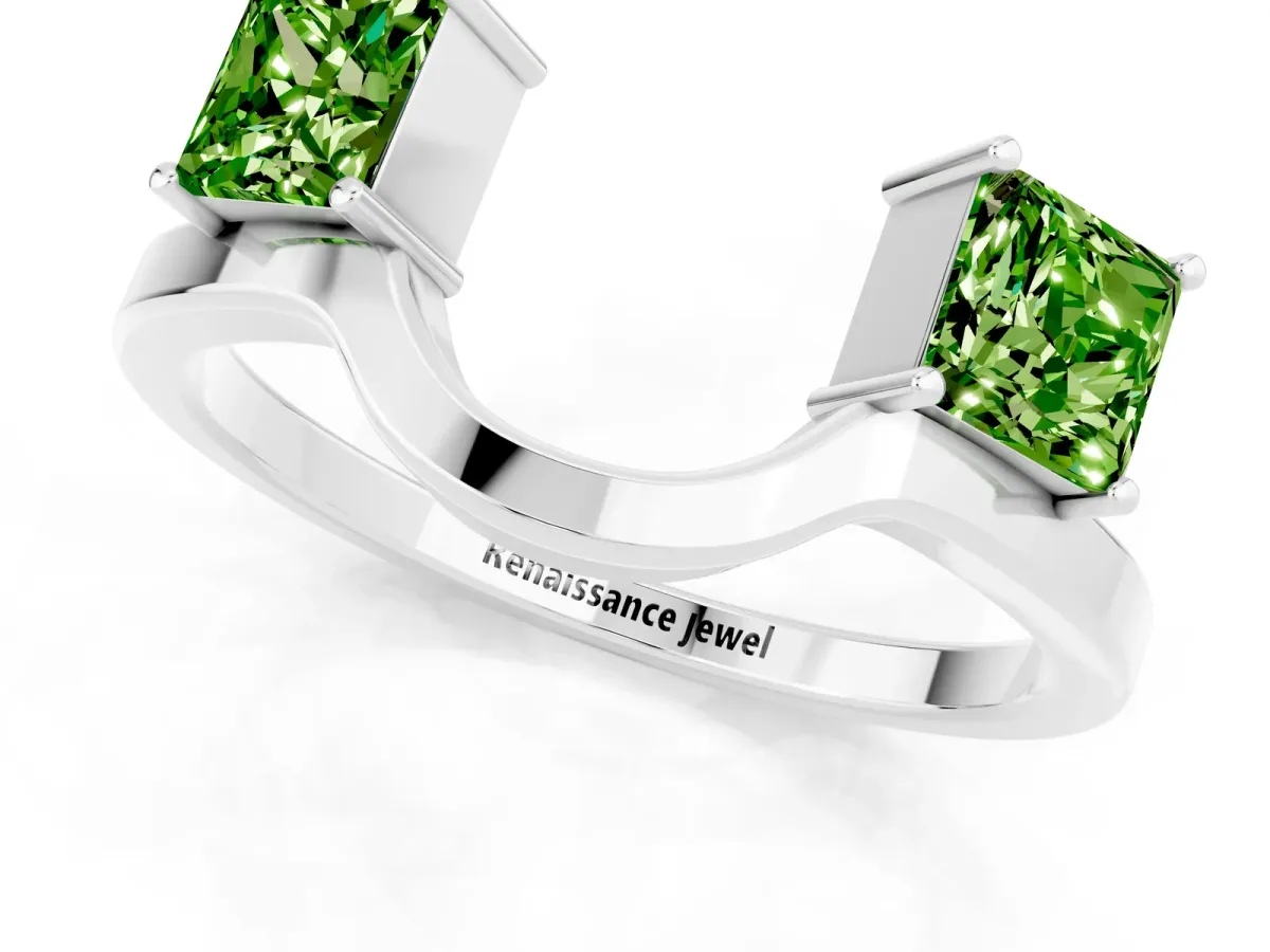 Princess Cut Peridot Two-Stone Open Band Ring with Four-Prong Setting White gold