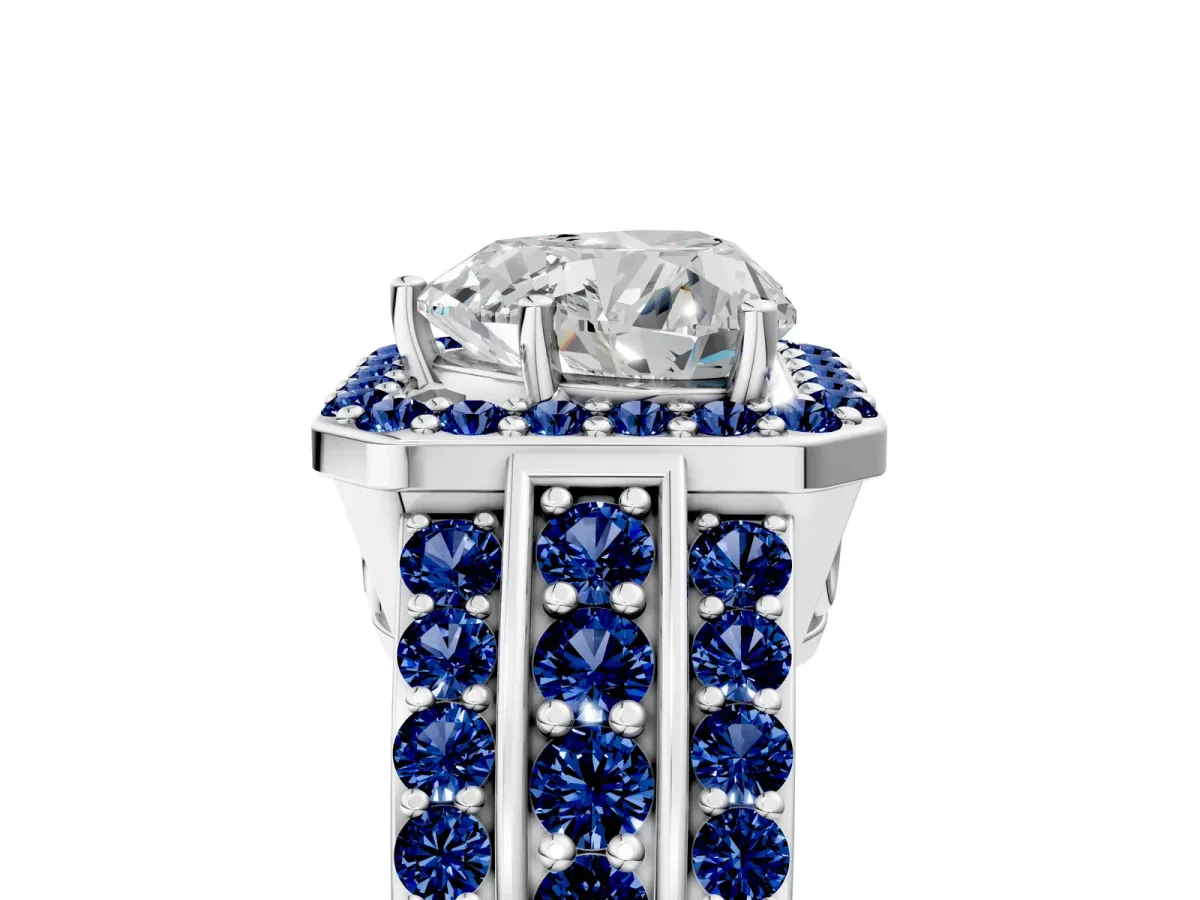Heart Cut Halo Diamond Ring with Round Blue Sapphire Split Shank and Prong Setting Silver