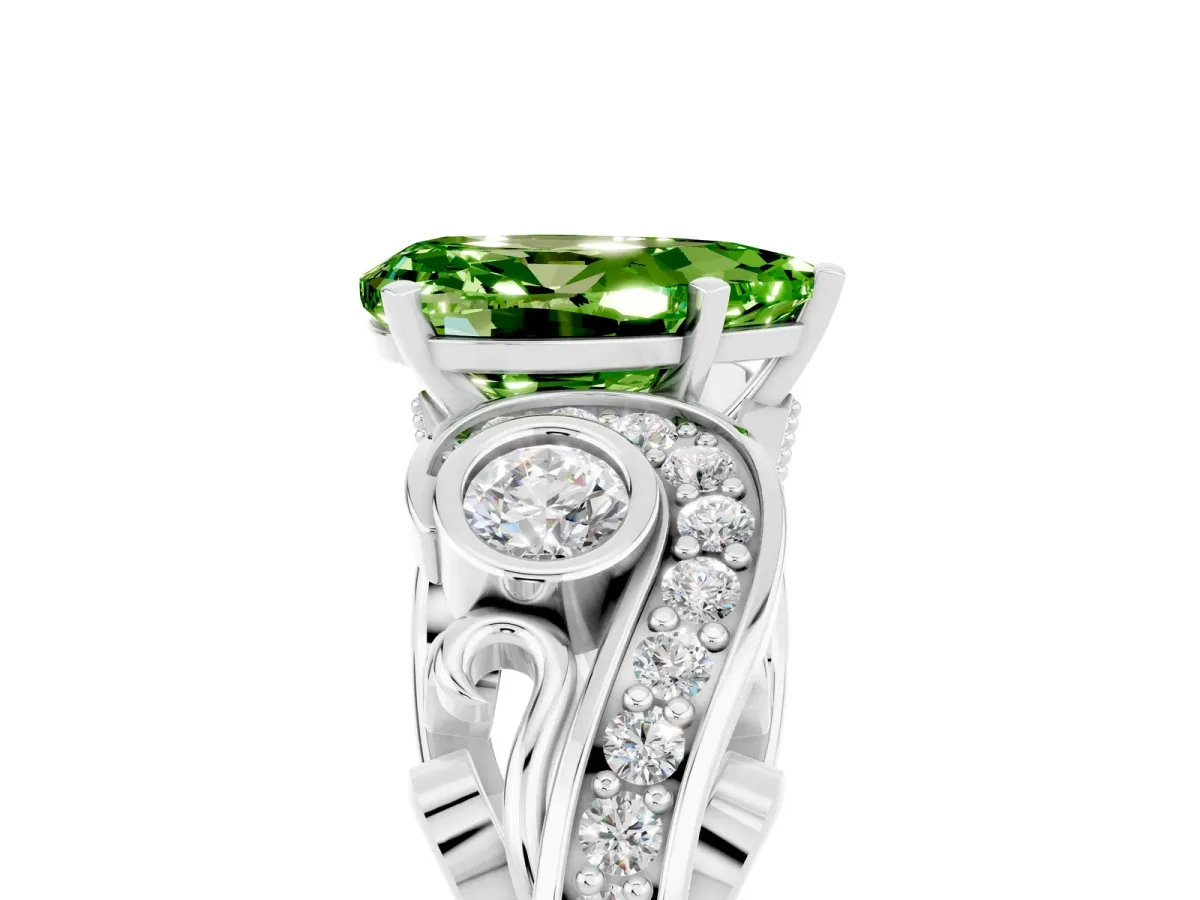 Pear Cut Peridot Solitaire Ring with Milgrain Pavé Band and Four-Prong Setting Silver