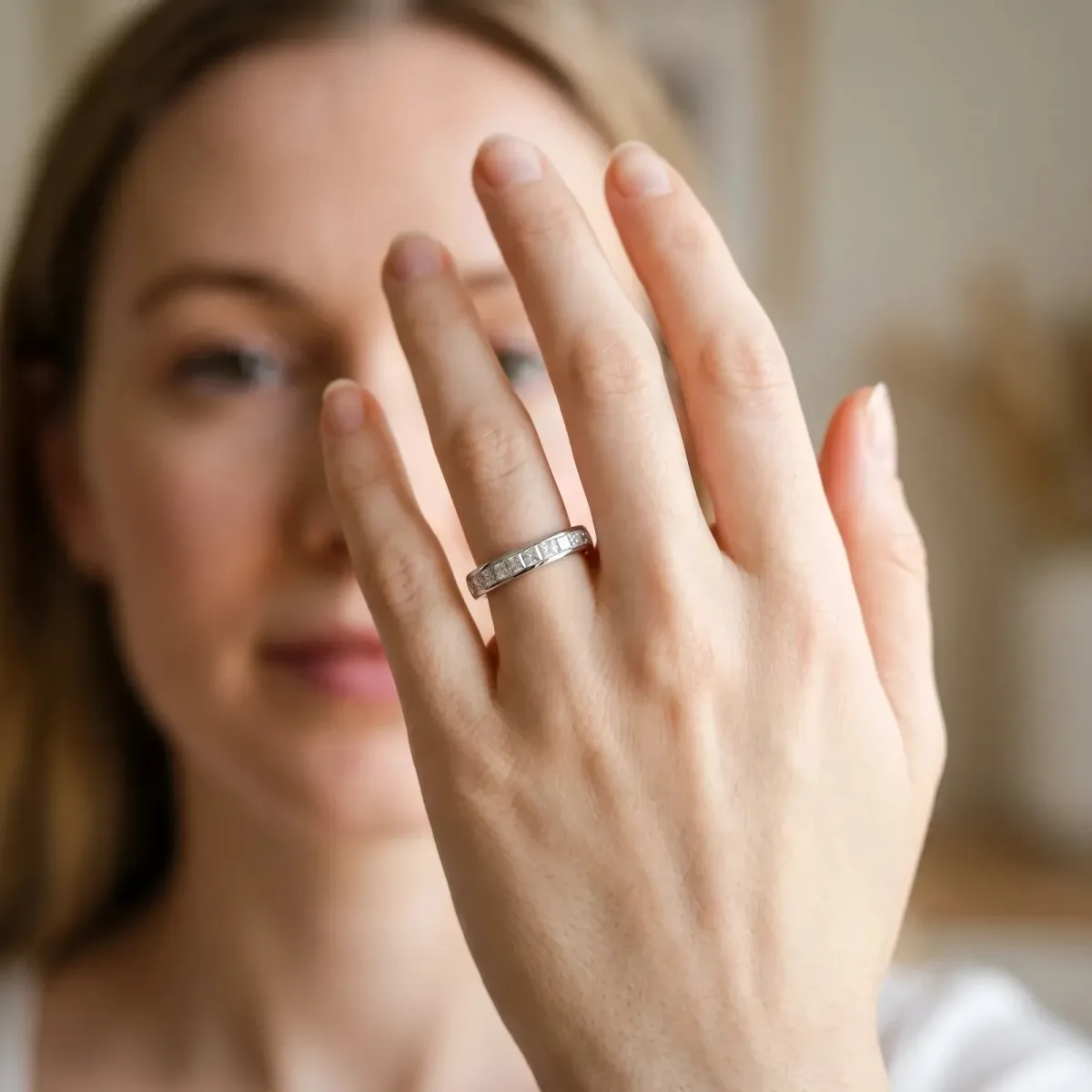 Princess Cut Diamond Channel Set Eternity Band White gold