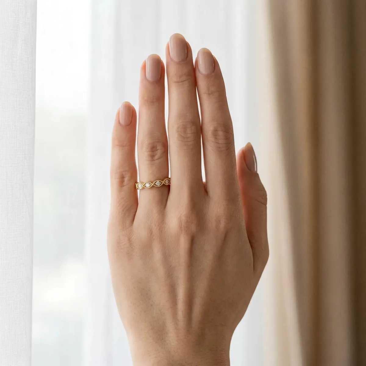 Milgrain Marquise Diamond Half Eternity Band with Bezel Setting Yellow gold