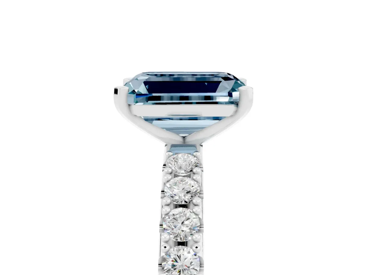 Emerald Cut Aquamarine Solitaire Pavé Band with Four-Prong Setting Silver