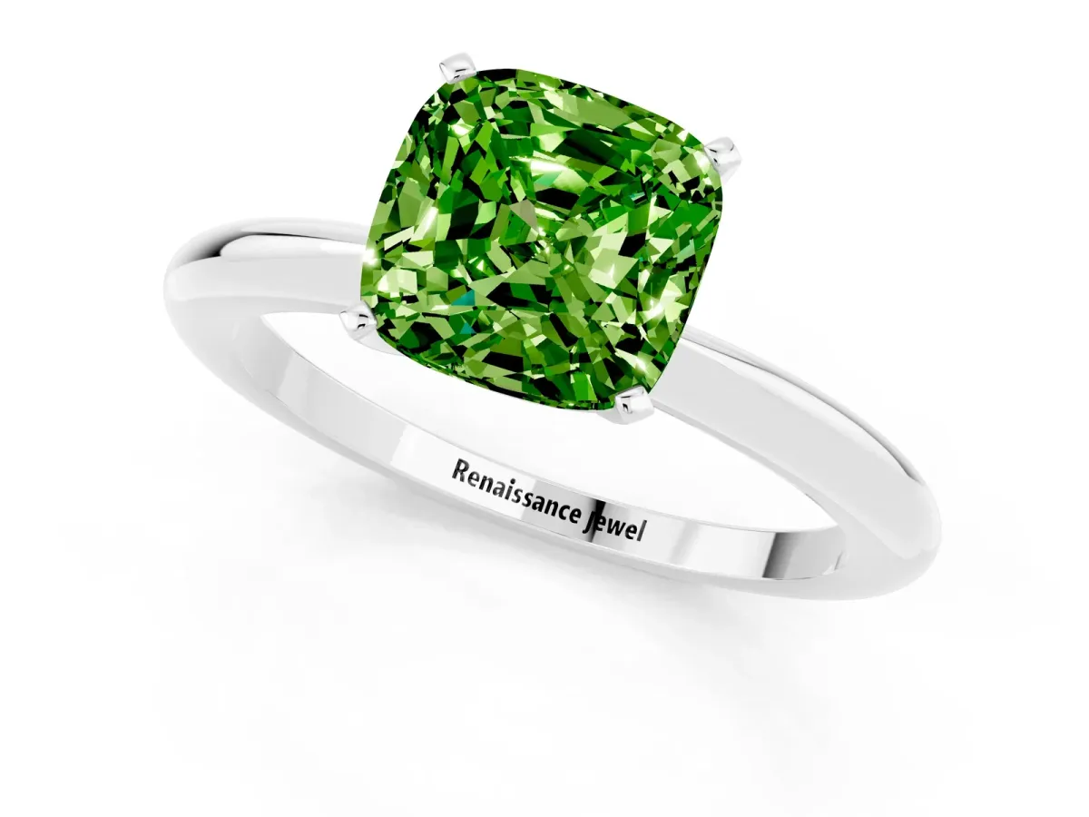 Cushion Cut Peridot Solitaire Ring with Six-Prong Setting and Classic Band Silver
