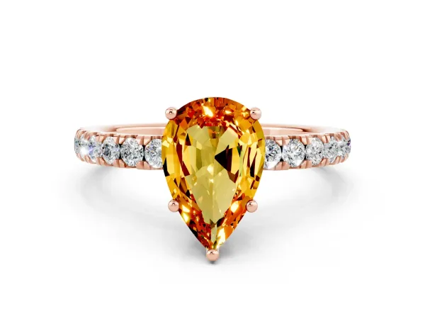 Pear Cut Citrine Pave Band Solitaire Ring with Round and Prong Setting Rose gold