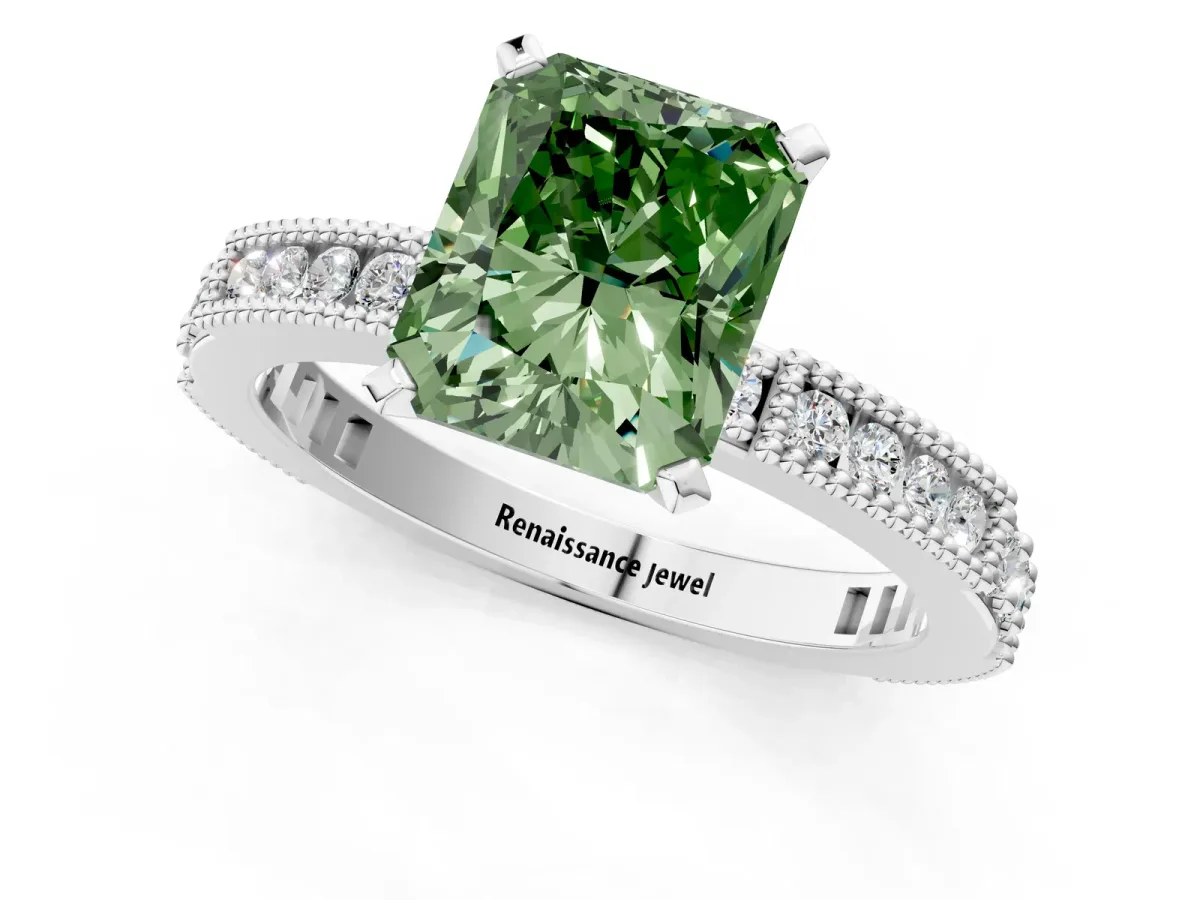 Fancy Green Radiant Cut Solitaire with Pavé Band and Four-Prong Setting Silver