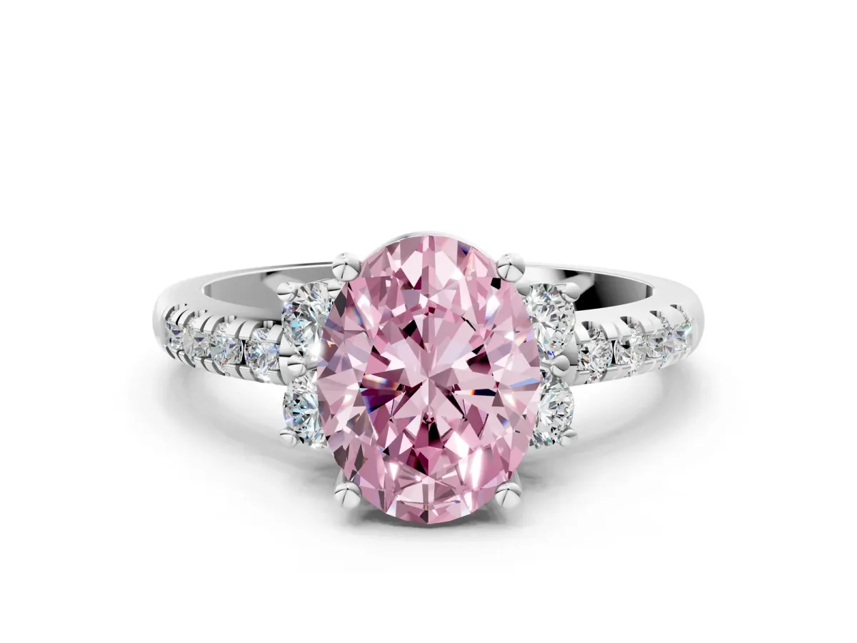 Fancy Pink Oval Cut Diamond Three-Stone Pave Band with Four-Prong Setting Silver