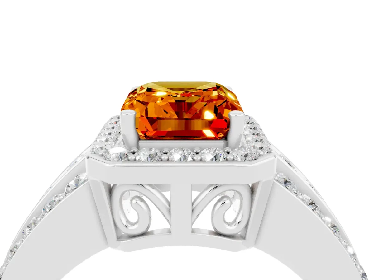 Emerald Cut Halo Citrine Ring with Round Split Shank and Prong Setting Platinum