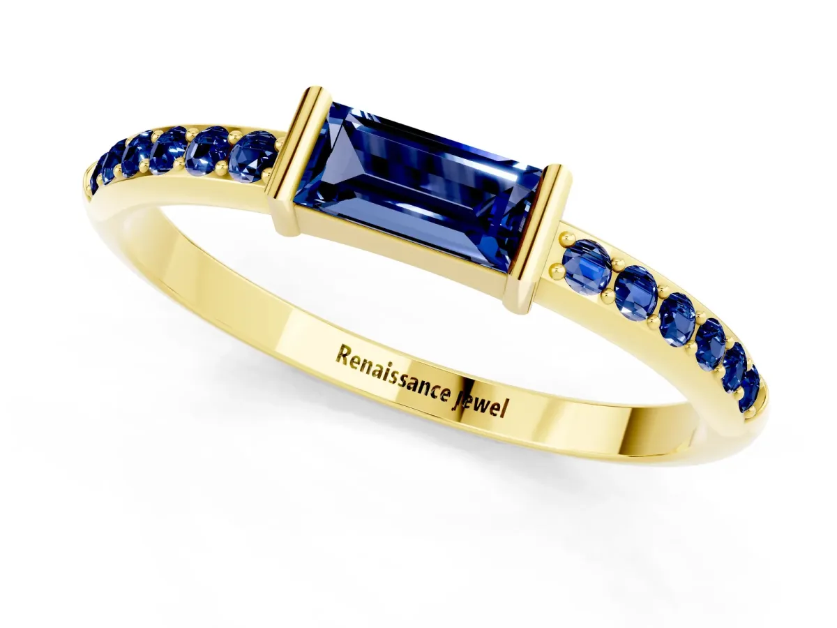 Baguette Blue Sapphire Pavé Band with Bar Setting Yellow gold