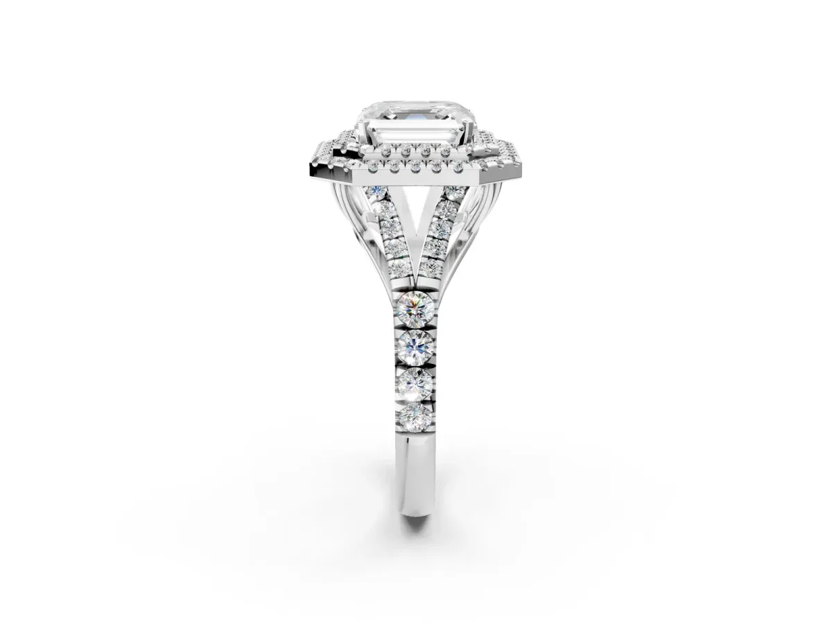 Asscher Cut Diamond Pavé Split Shank Double Halo Engagement Ring Platinum