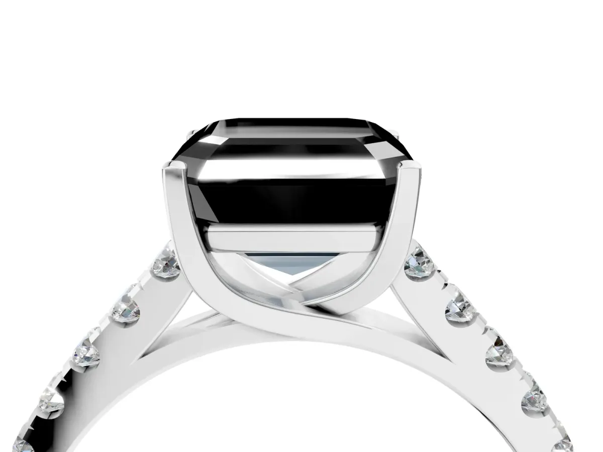 Fancy Black Asscher Cut Diamond Pavé Band Solitaire Ring with Prong Setting Platinum