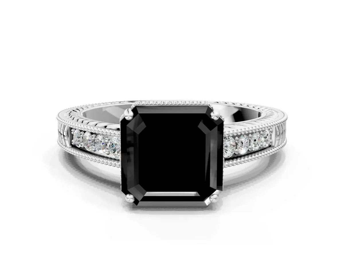Fancy Black Asscher Cut Cut Diamond Milgrain Pave Band Four-Prong Setting Ring Platinum