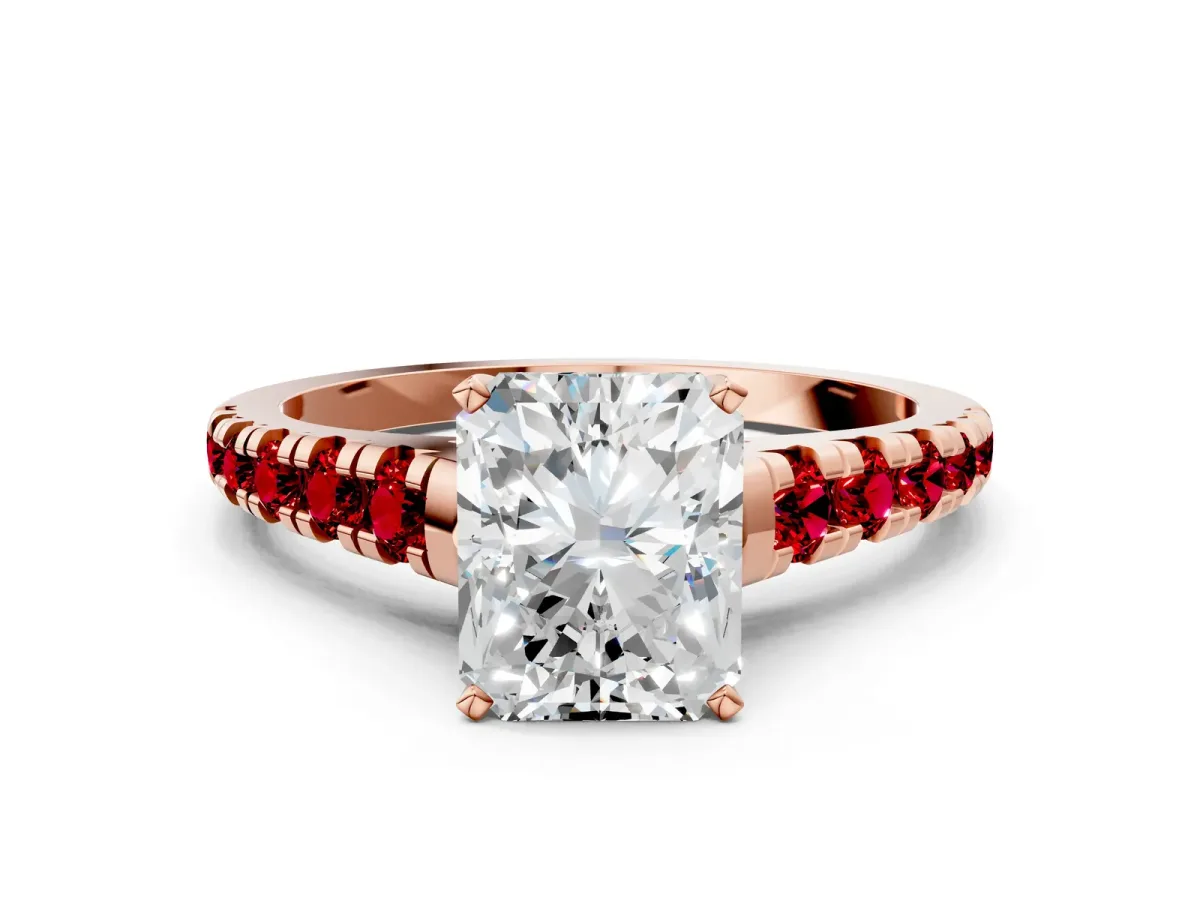Radiant Cut Diamond Cathedral Solitaire Ring with Round Ruby Pavé Band Rose gold