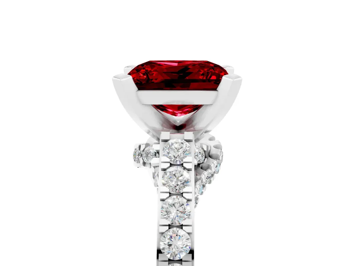 Princess Cut Ruby Solitaire Ring with Crossover Gallery and Round Pavé Band Platinum