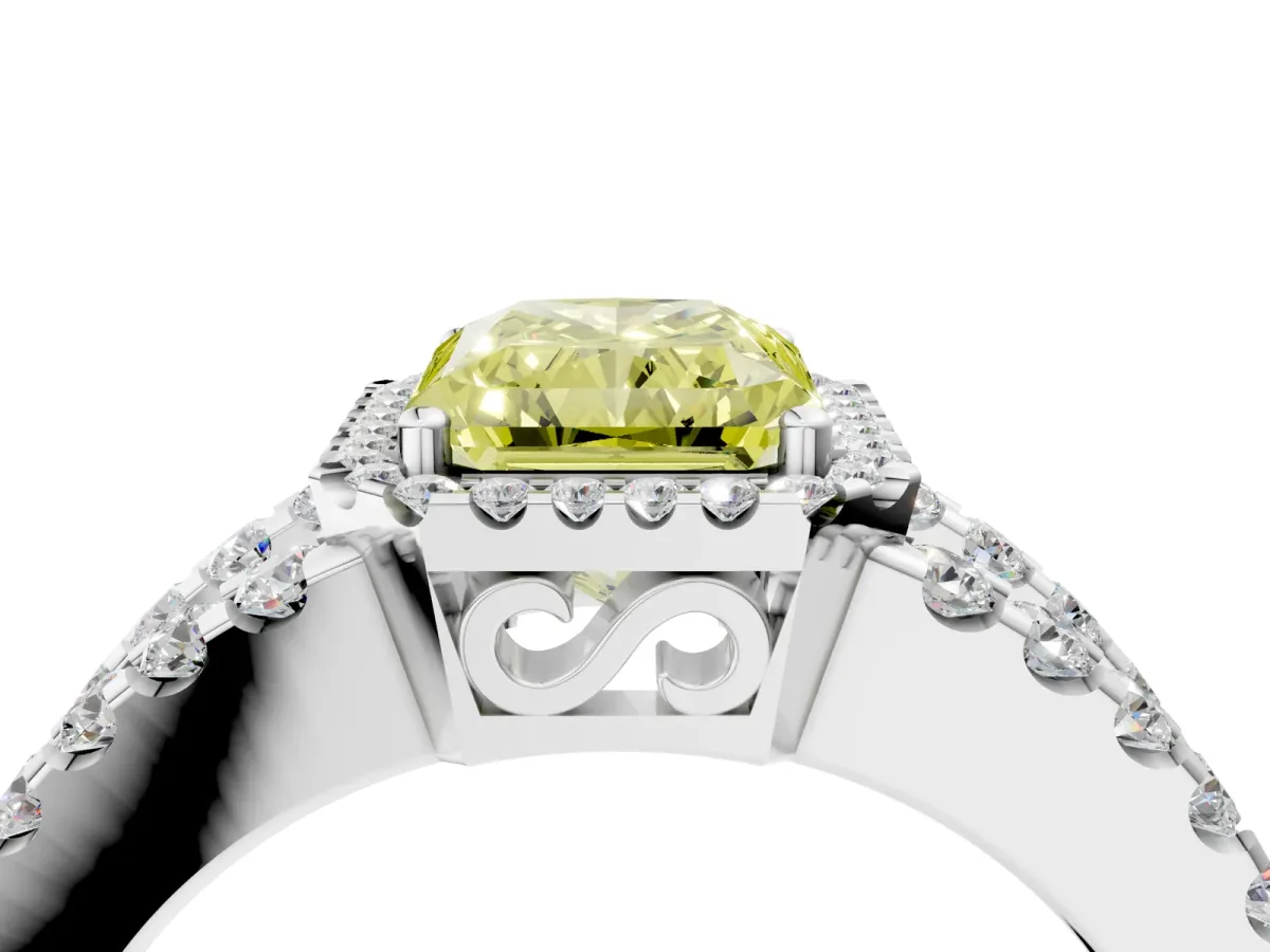 Fancy Yellow Radiant Cut Cut Halo Split Shank Diamond Ring with Four-Prong Setting Platinum
