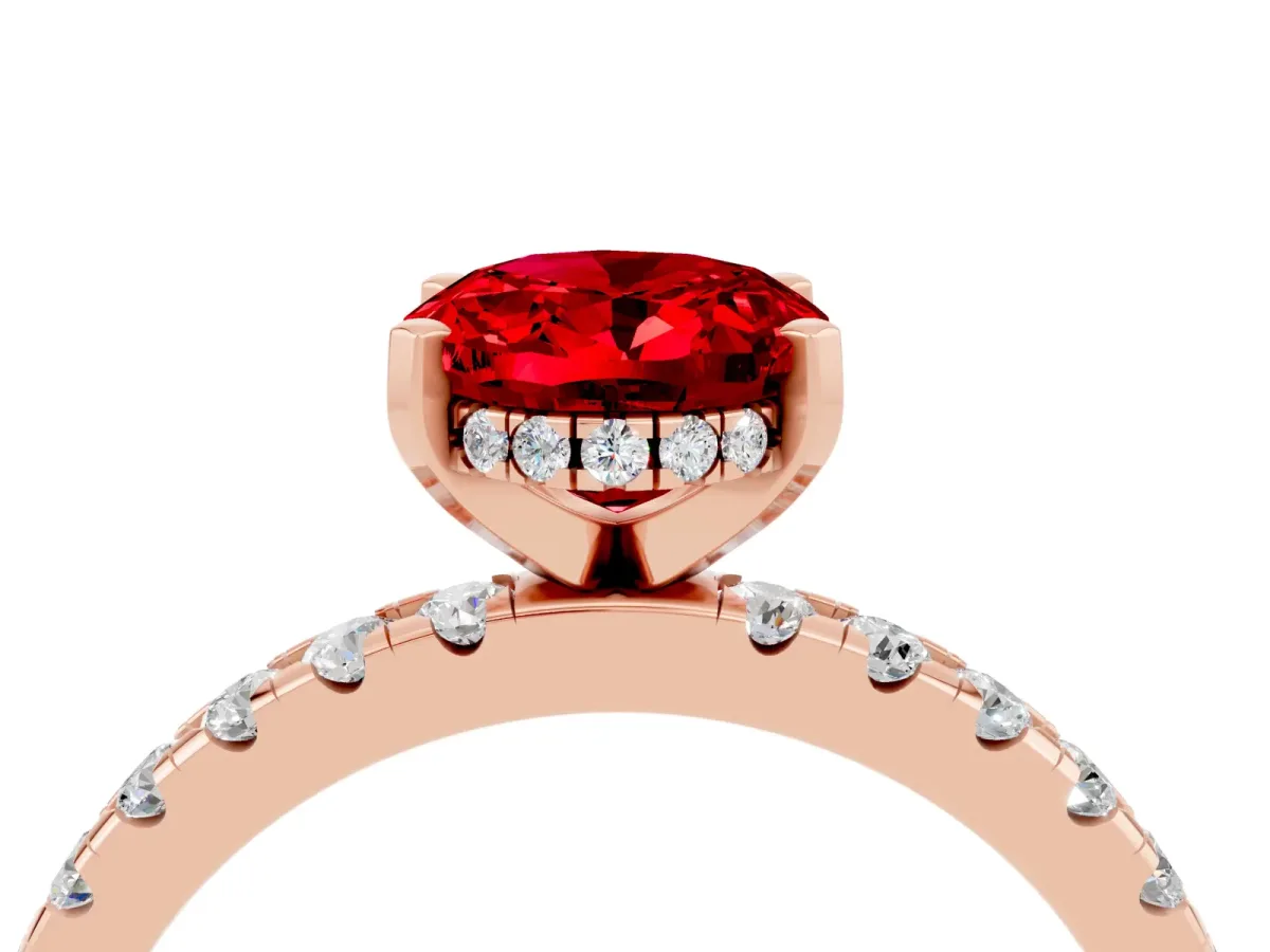 Oval Cut Ruby Solitaire Ring with Round Pavé Band and Four-Prong Setting Rose gold