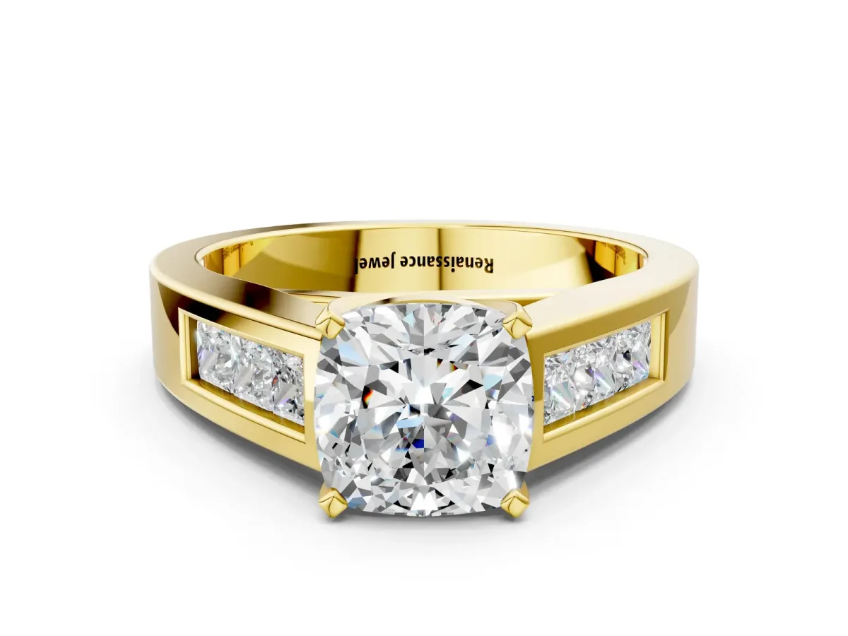 Cushion Cut Cut Channel Set Solitaire Ring with Four-Prong Setting Yellow gold