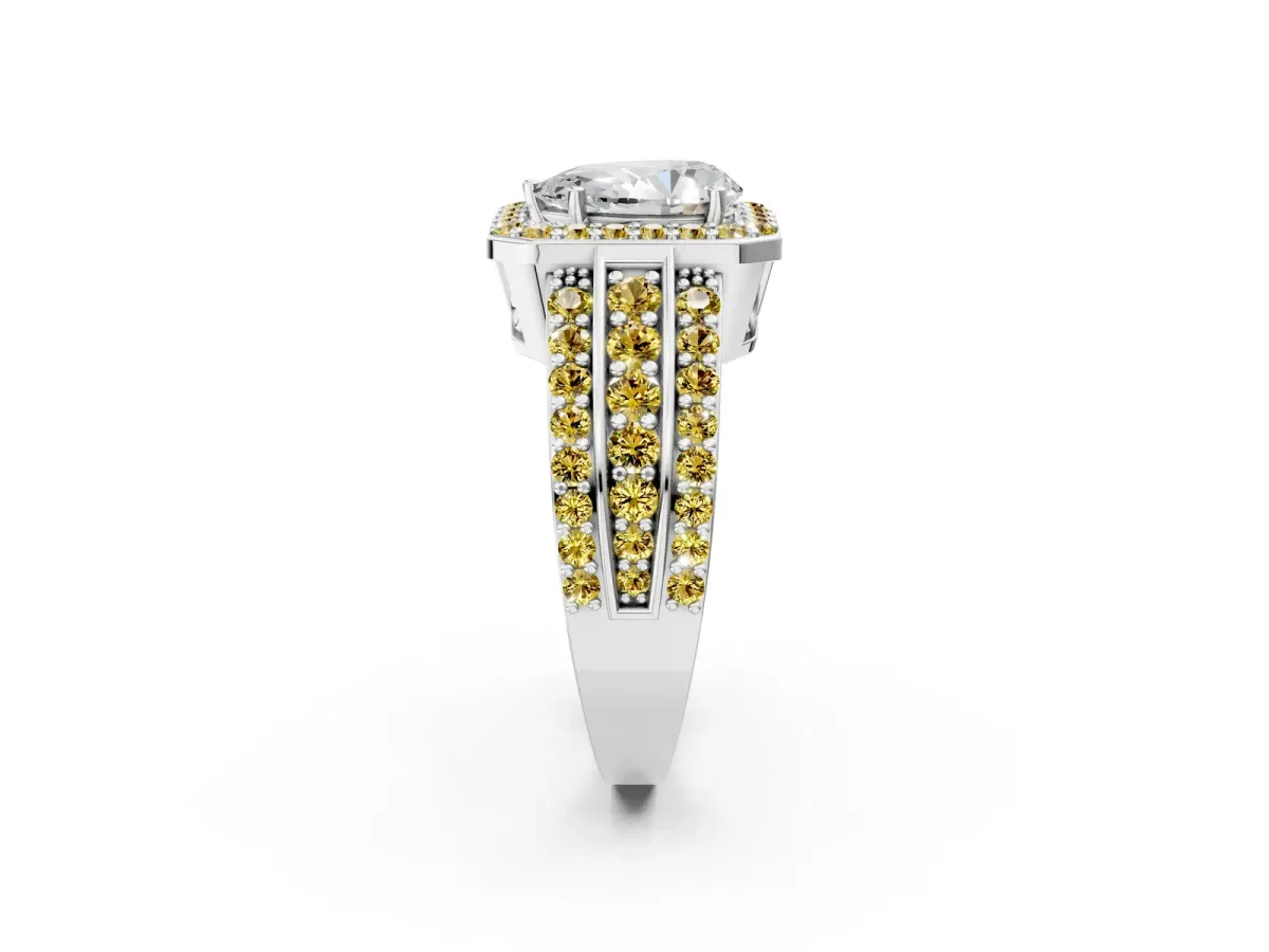 Pear Cut Halo Diamond Ring with Round Yellow Sapphire Split Shank and Prong Setting Silver