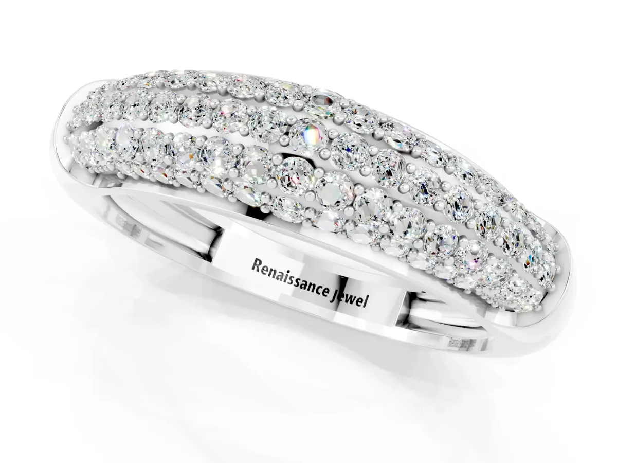Three-Row Pavé Round Moissanite Dome Band Silver