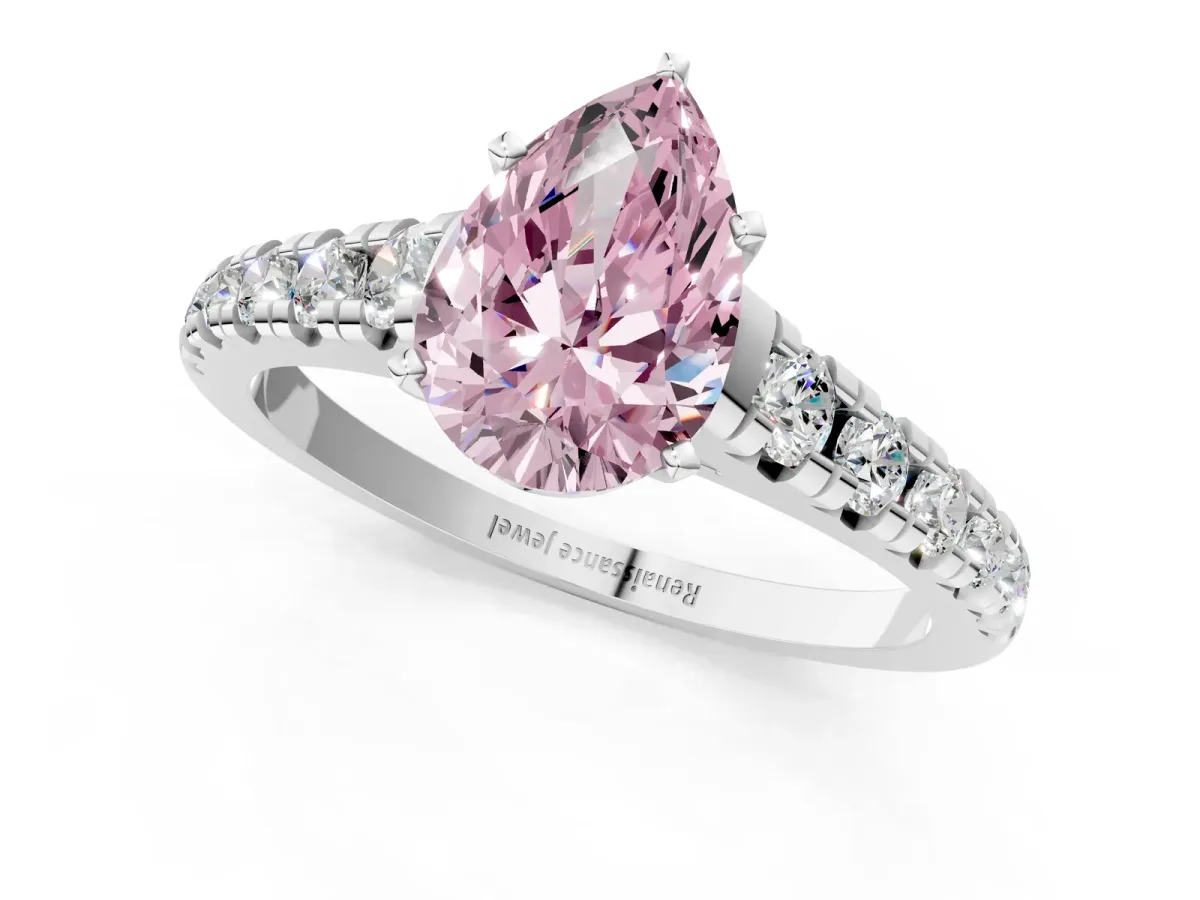Fancy Pink Pear Cut Diamond Cathedral Solitaire Ring with Round Pavé Band Silver