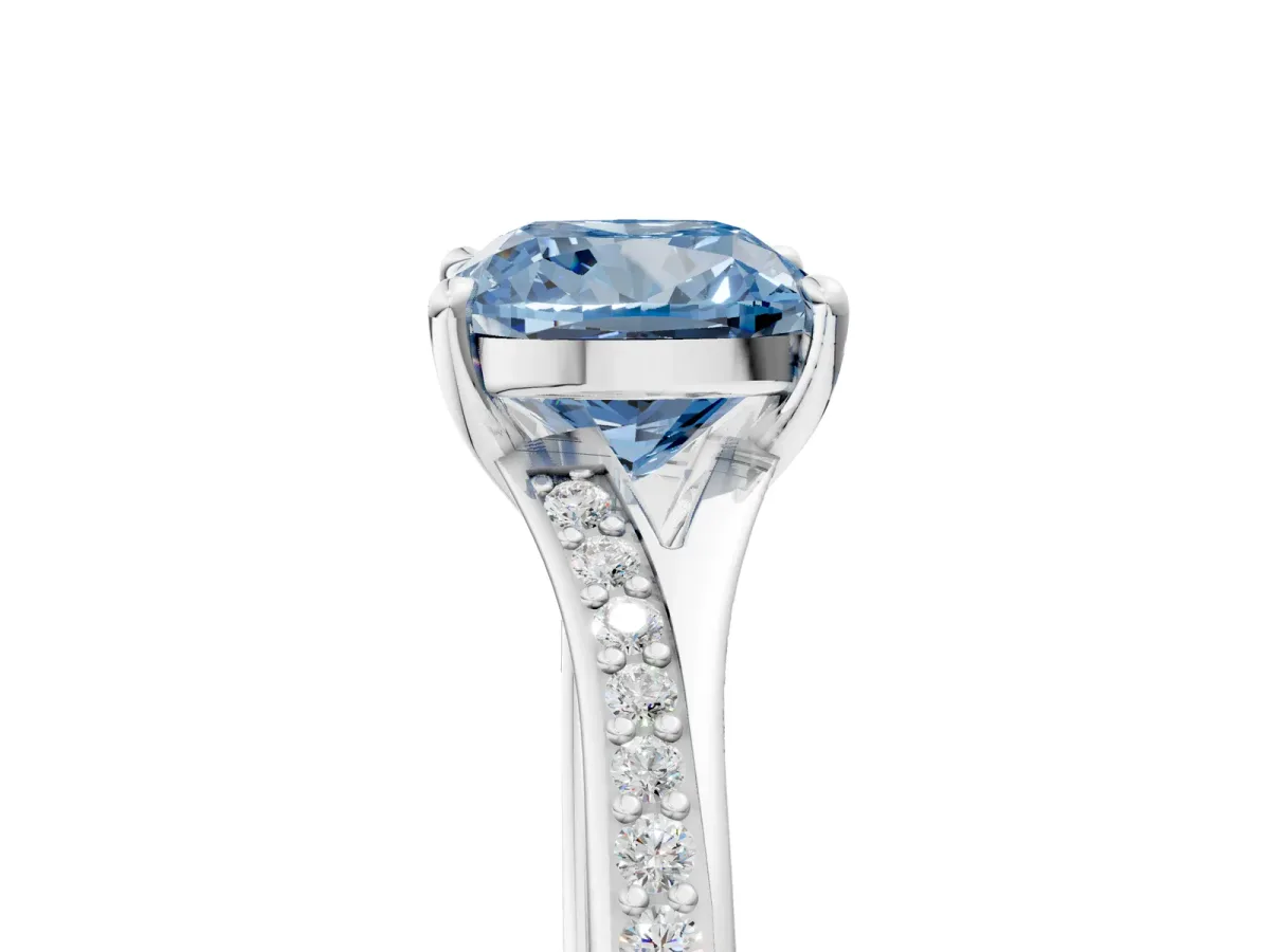 Fancy Blue Cushion Cut Diamond Solitaire Ring with Pavé Band and Prong Setting Silver