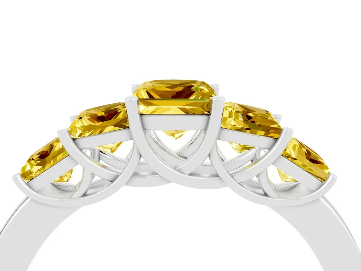 Princess Cut Five-Stone Yellow Sapphire Ring with Classic Prong Setting White gold