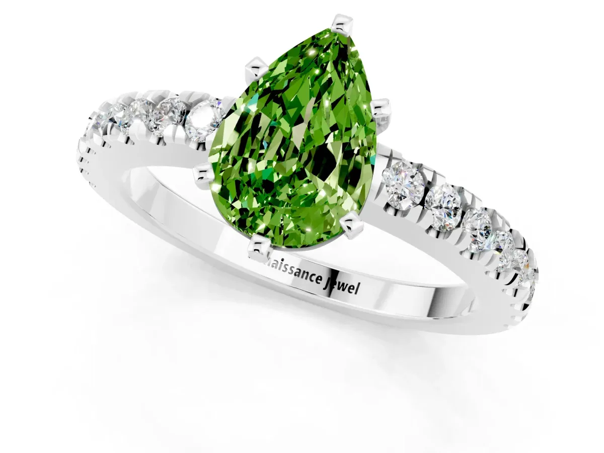 Pear Cut Solitaire Peridot with Pavé Band and Four-Prong Setting Platinum