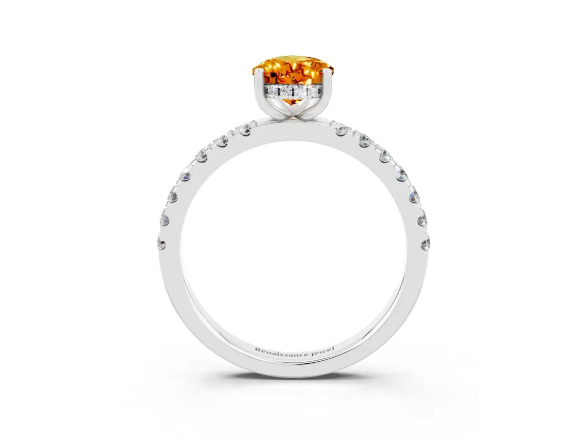 Pear Cut Citrine Pave Band Solitaire Ring with Round and Prong Setting Platinum