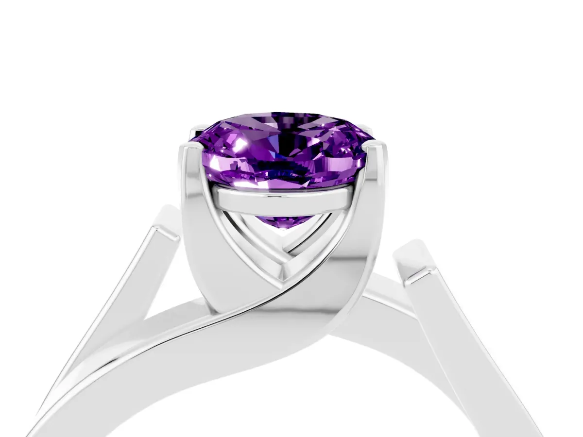 Modern Tension Set Oval Cut Amethyst Solitaire Wide Band Ring Silver