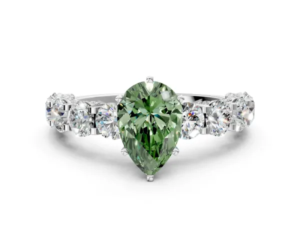 Fancy Green Pear Cut Diamond Side Stone Engagement Ring with Four-Prong Setting White gold
