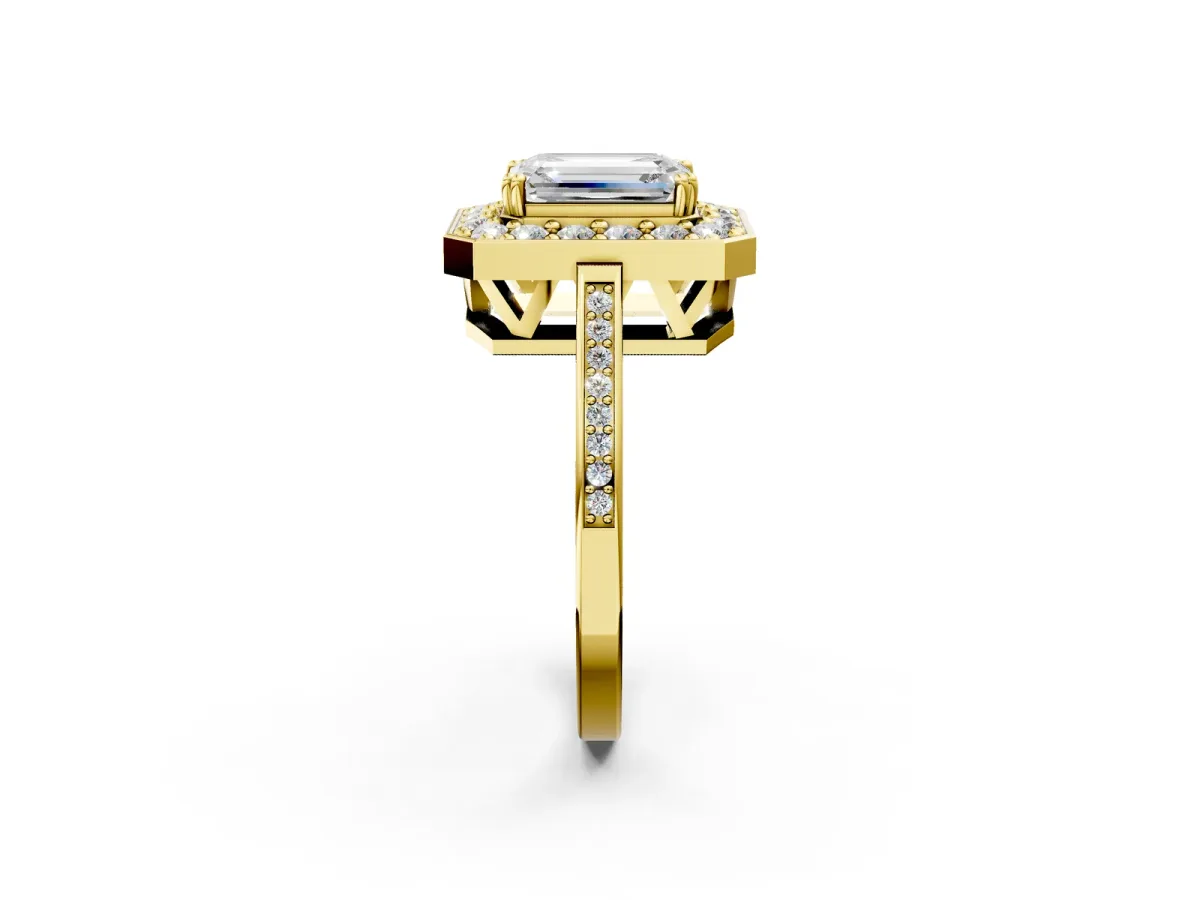 Emerald Cut Diamond Halo Ring with Split Shank and Four-Prong Setting Yellow gold